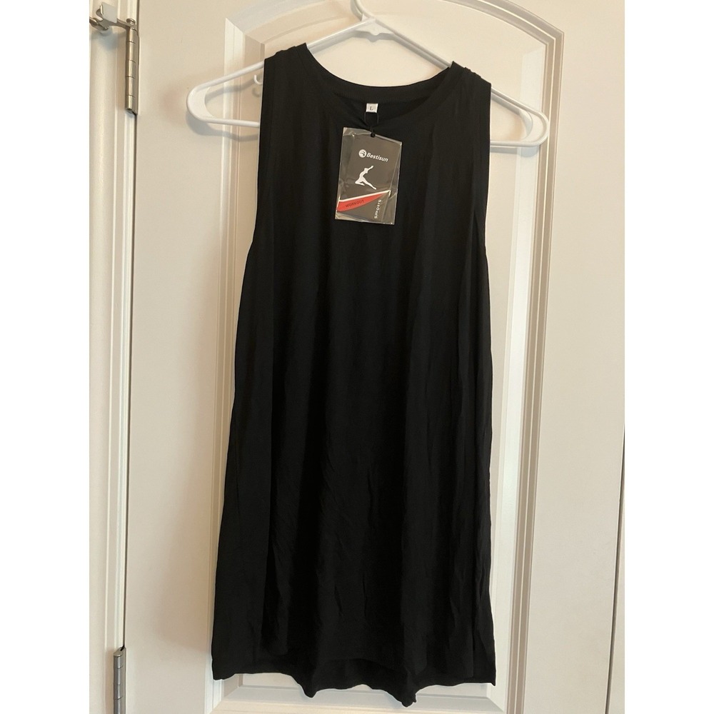 Bestisun Racerback Tank Top Women Size L Black New Pleated Back Workout c228